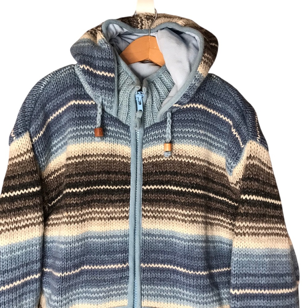 Laundromat Striped Blue Brown Cream Full Zip Wool Sweater Jacket Unisex Large - Picture 2 of 11